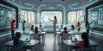 Children learning with interactive educational technology in a modern classroom