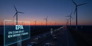 Futuristic city with clean energy infrastructure and electric vehicles, representing new EPA emission standards.