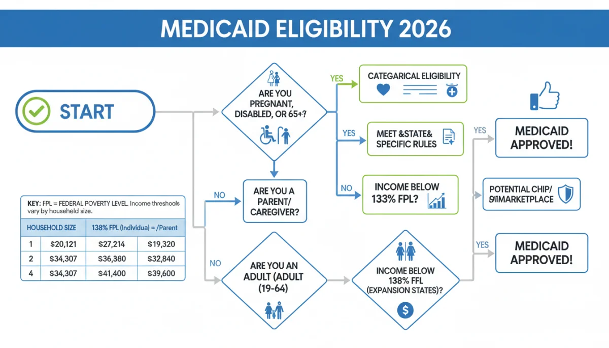 Infographic illustrating Medicaid eligibility criteria and income limits for 2026.