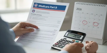 Hands reviewing Medicare Part B premium documents for 2026 planning