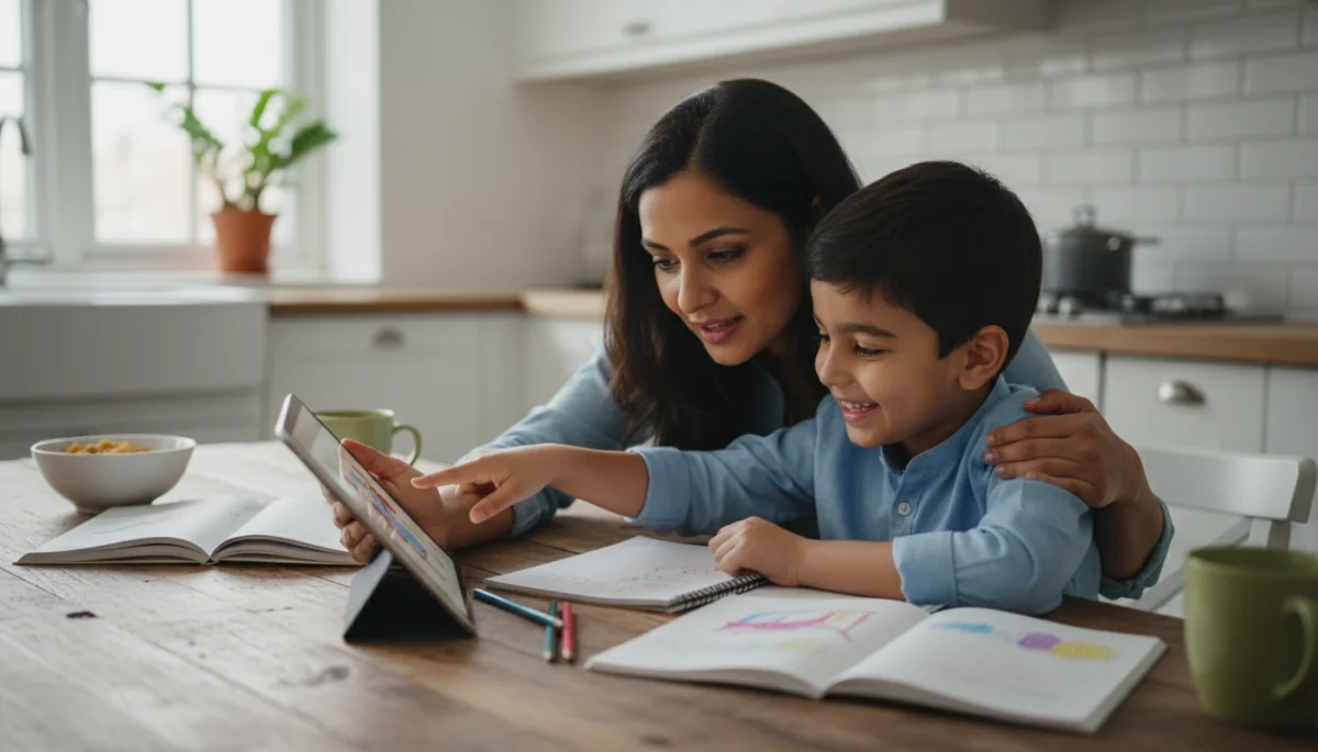 Parent and child engaging with educational technology at home