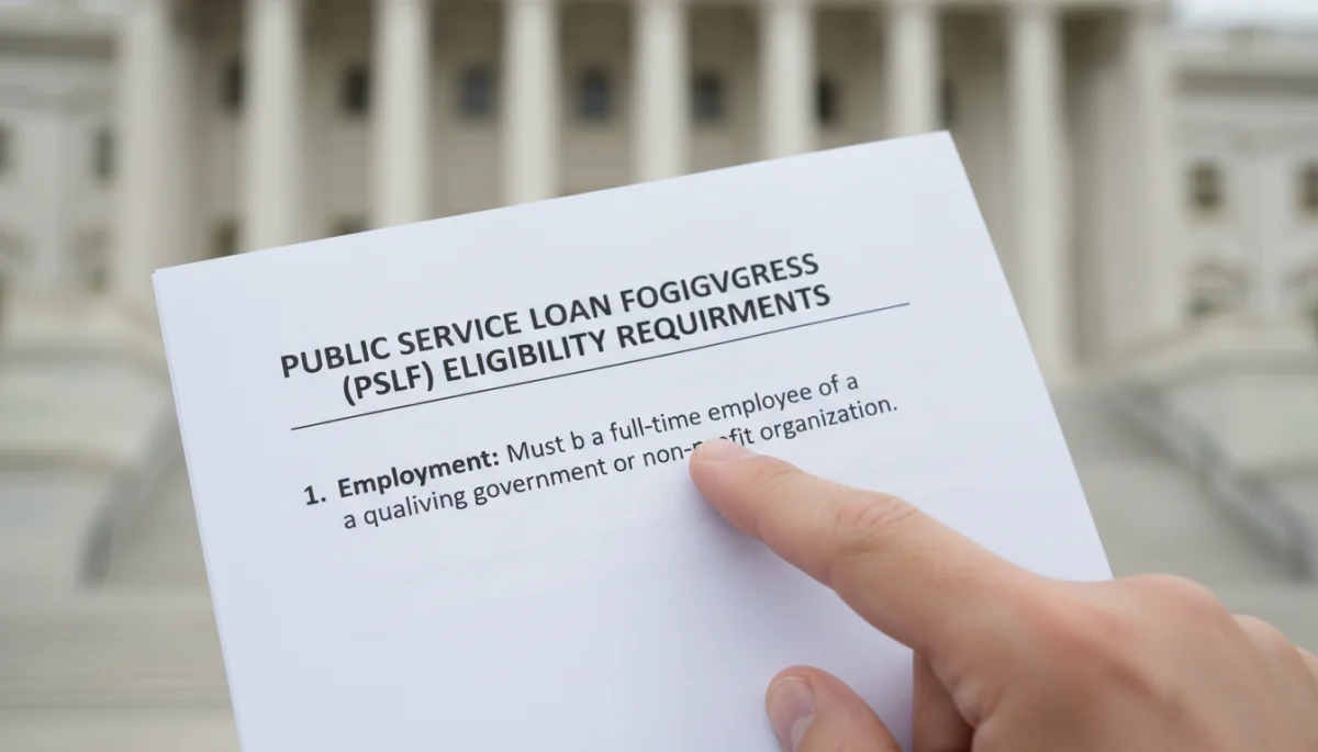 Hand highlighting PSLF eligibility criteria on a document