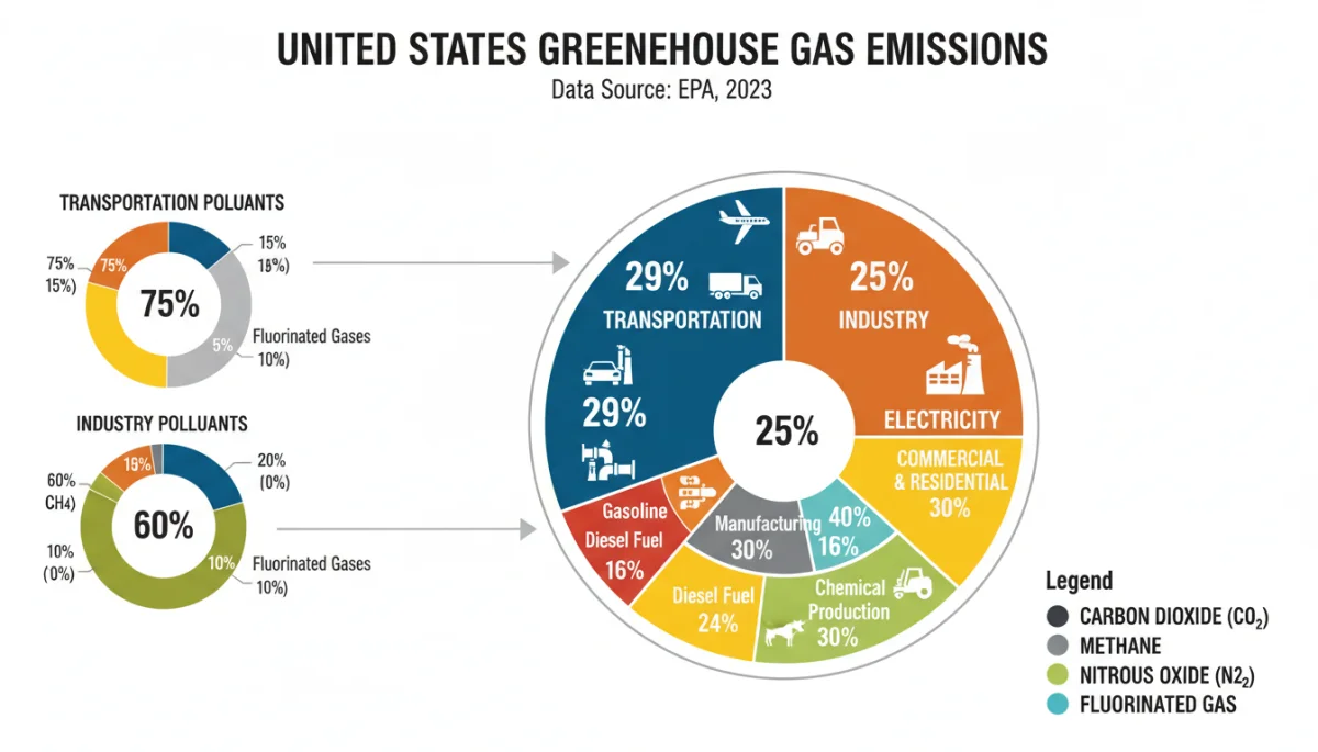 Infographic showing sources of US greenhouse gas emissions and their proportions.
