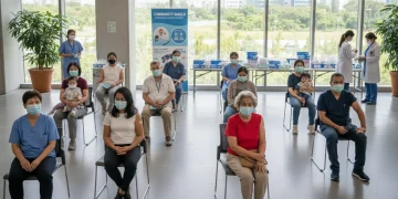 People receiving vaccinations and wearing masks for respiratory illness prevention