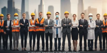 Diverse workers united, symbolizing workers' compensation support in 2026.
