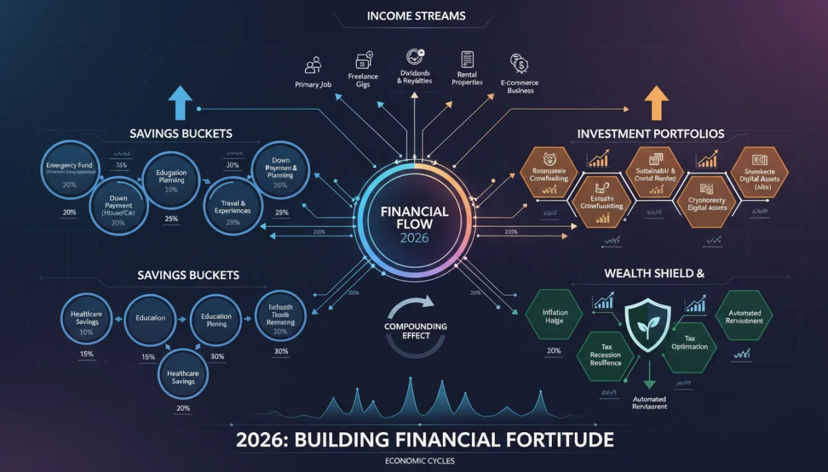 Infographic showing diversified income, savings, and investment strategies for 2026 financial resilience.