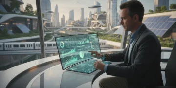 Financial planning for 2026, person analyzing data on screens, growth charts, and secure savings.